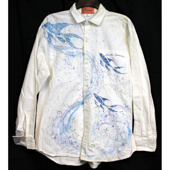 Diane Tops - 90s Diane St Thomas Hand Painted Shirt Koi Fish Silver Sparkle Splatter Paint